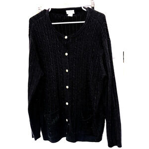 VTG Classic Elements cable knit cardigan Black w/ gold buttons pockets 20/22W
